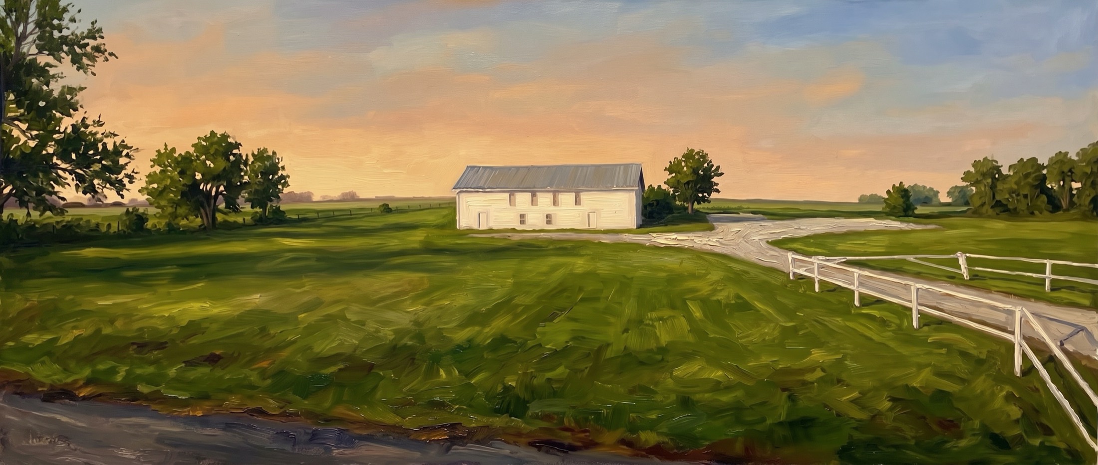 Painting of the West Tracy church building at golden hour on the Missouri prairie
